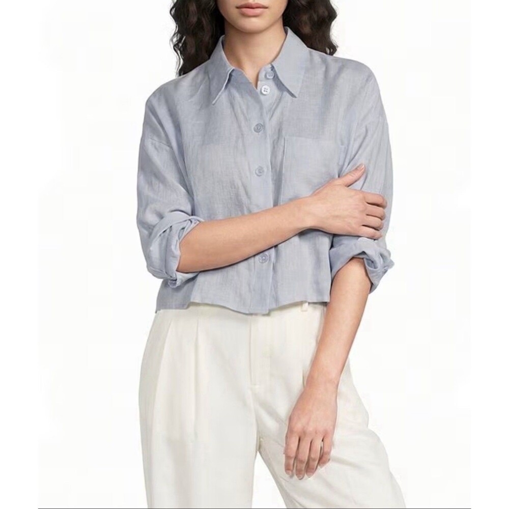 REISS Solena Light Blue 100% Linen Boxy Crop Shirt - Size 8**